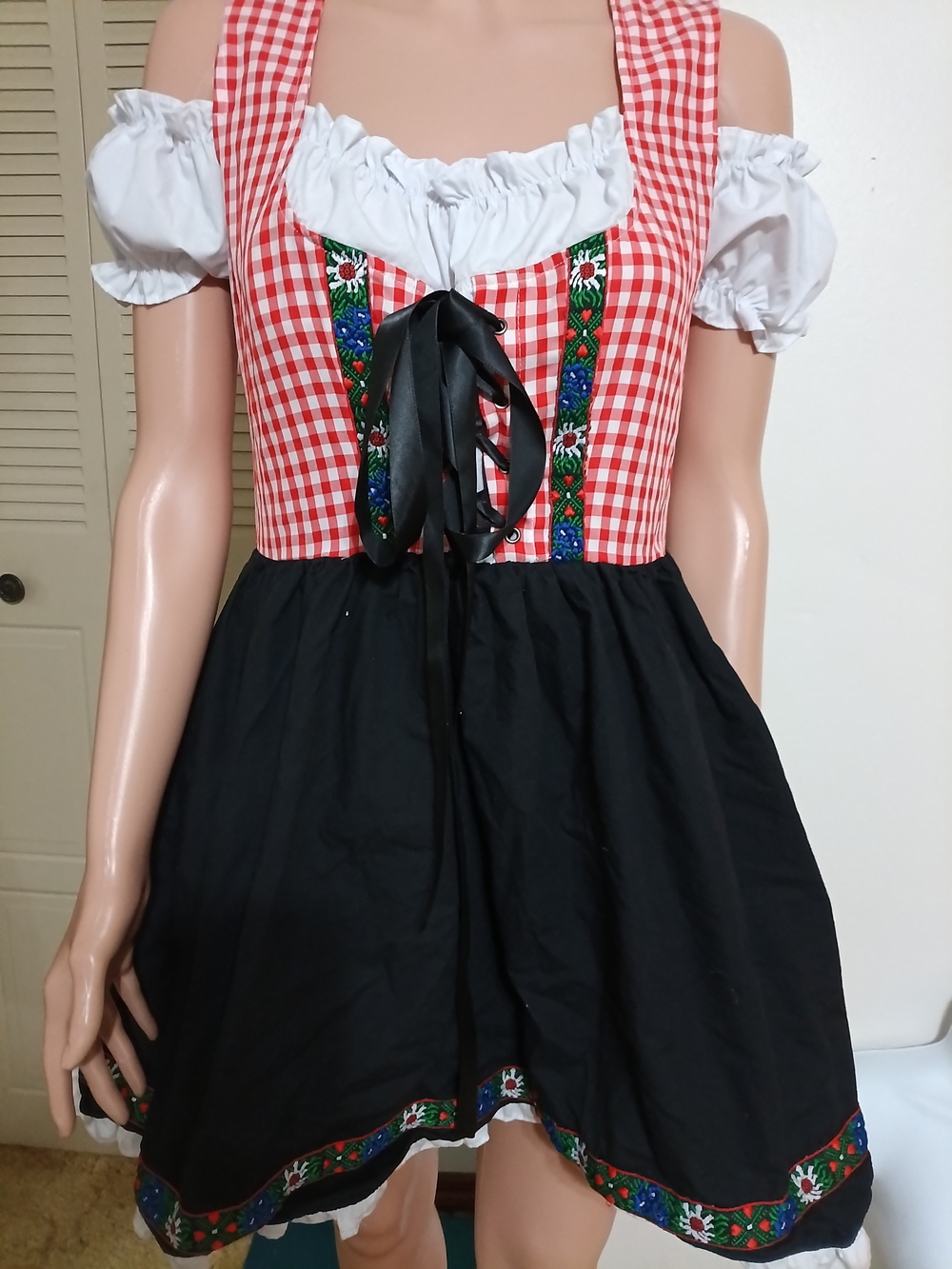 Red Gingham Dirndl Dress with Black Skirt and Floral Trim
